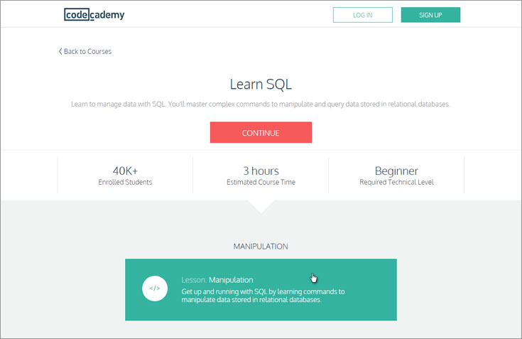 codecademy sql course 1 start page