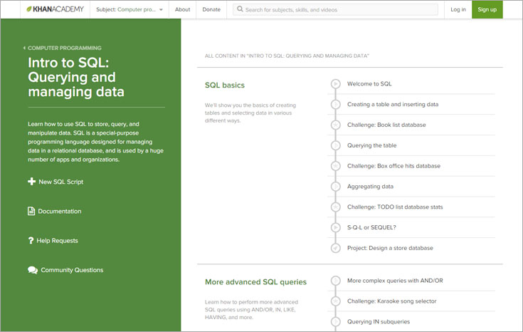 khan academy 1 sql course intro page