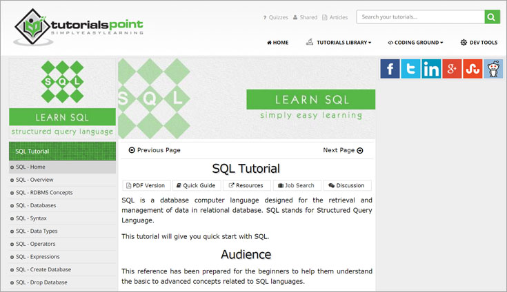 tutorialspoint 1 learn sql main page