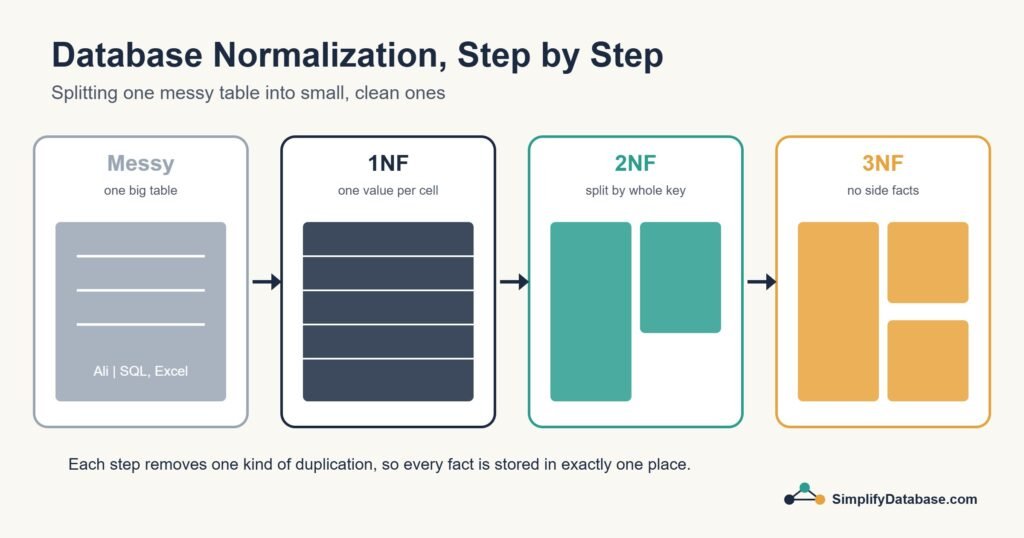 Diagram showing a messy table split step by step through 1NF, 2NF and 3NF