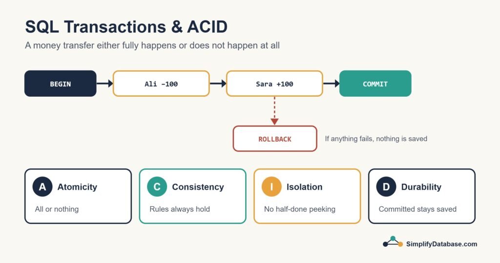 Diagram of a bank transfer transaction with commit and rollback and the four ACID properties