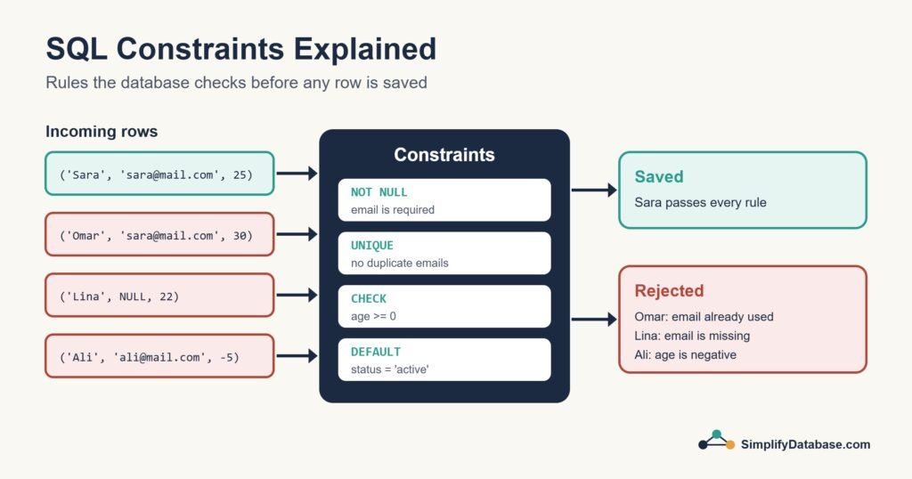 Diagram showing SQL constraints accepting a valid row and rejecting invalid rows