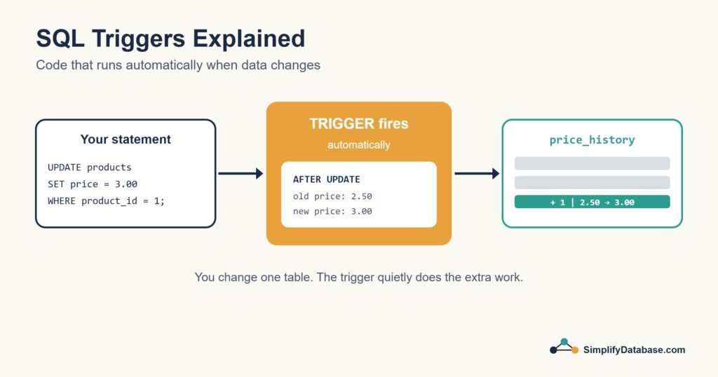 Diagram of an UPDATE statement firing a trigger that writes to a price history table