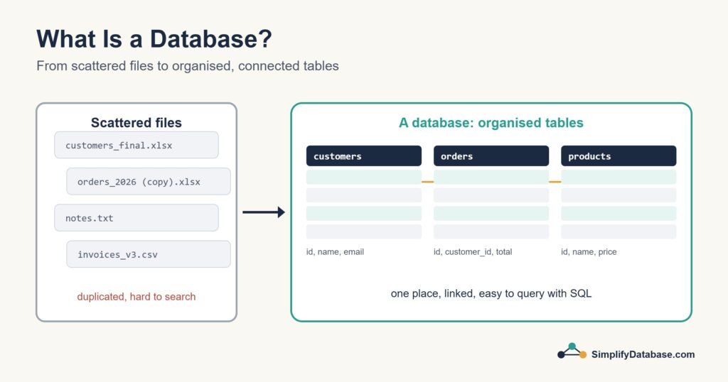Diagram comparing scattered spreadsheet files with an organised database of linked tables