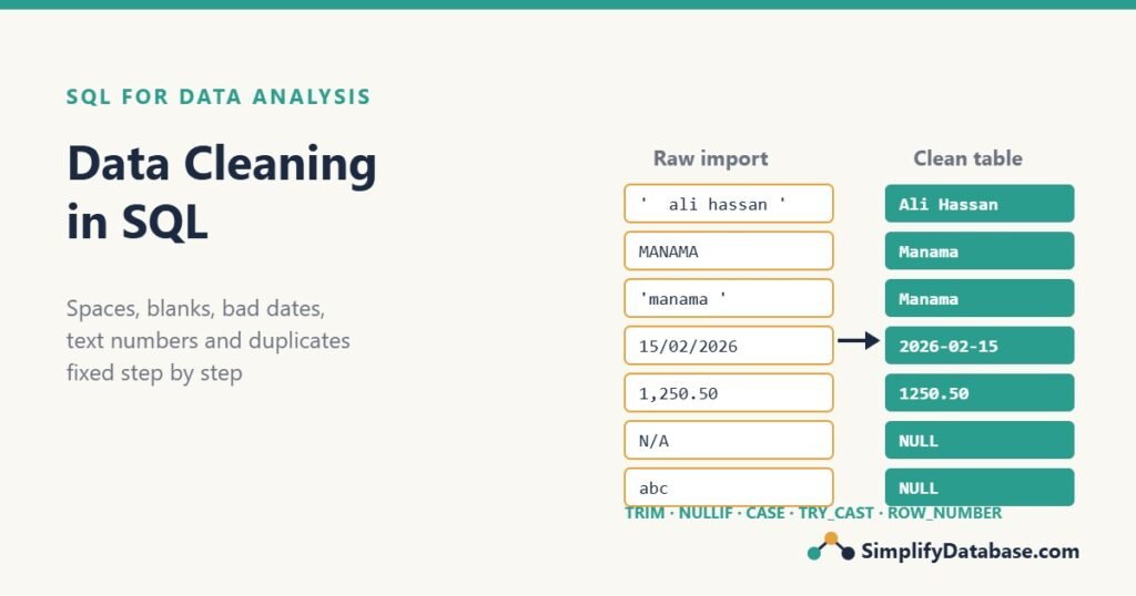 Data cleaning in SQL: messy raw values like extra spaces, mixed-case cities, text dates and N/A turned into clean, typed values