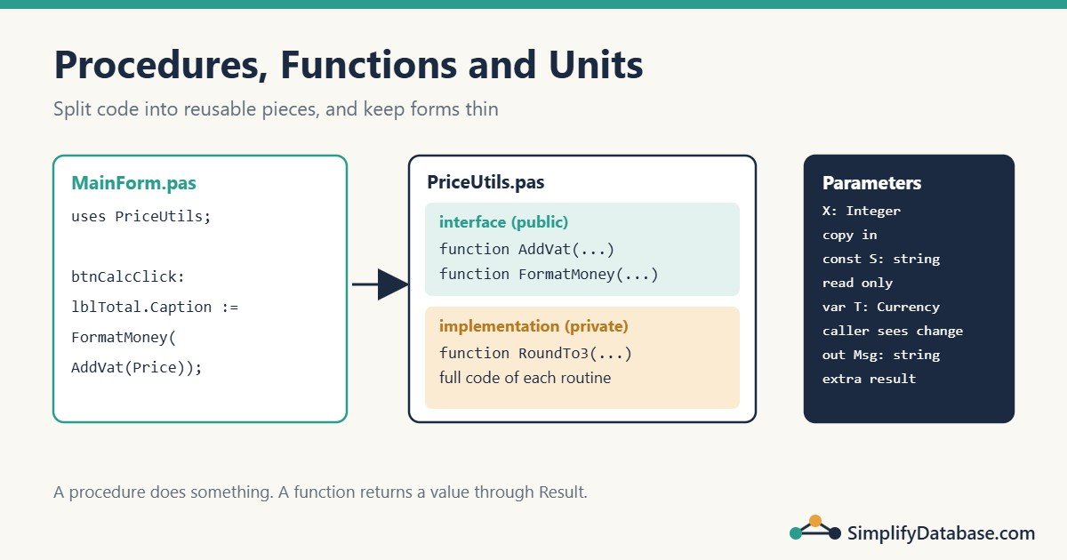 Diagram: a form calling routines from a unit with public interface and private implementation, plus parameter kinds