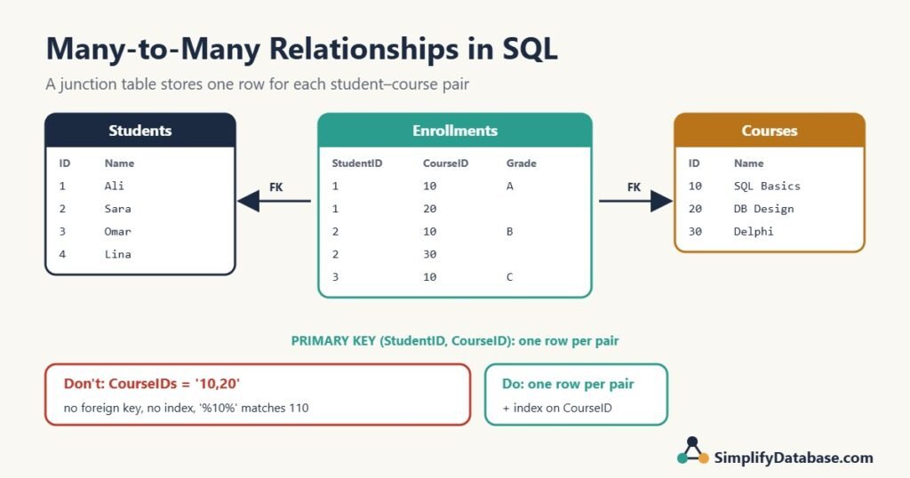 Students, Enrollments and Courses tables showing a junction table for a many-to-many relationship in SQL