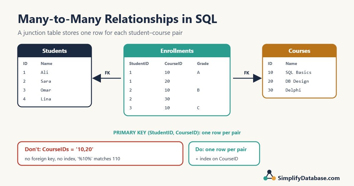 Students, Enrollments and Courses tables showing a junction table for a many-to-many relationship in SQL