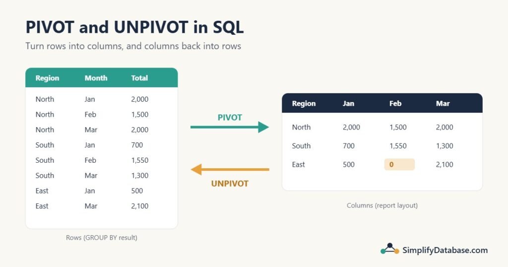 PIVOT turns monthly sales rows into Jan, Feb and Mar columns per region; UNPIVOT turns the columns back into rows