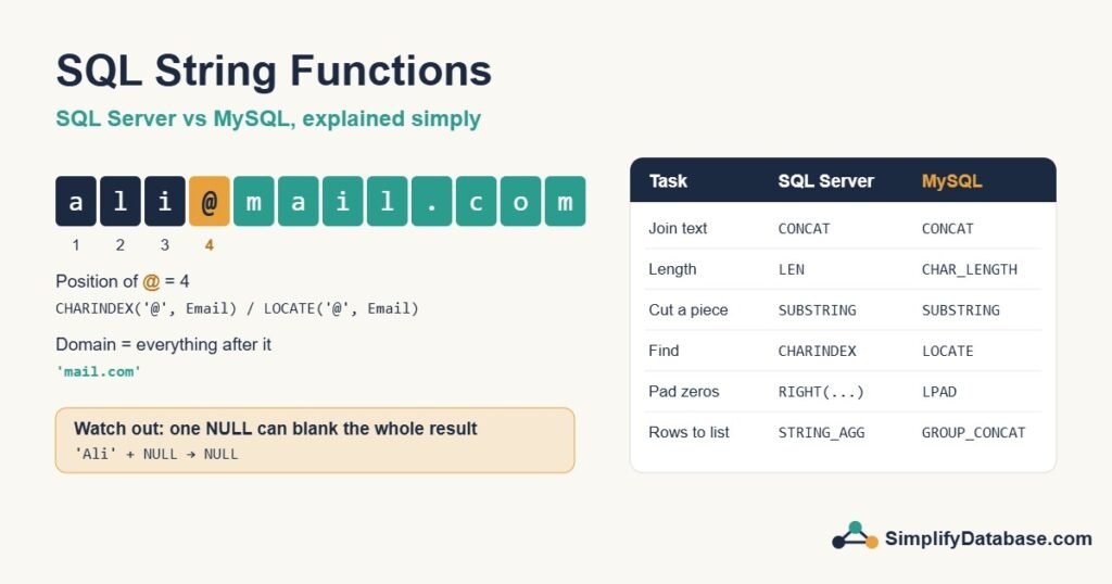 SQL Server and MySQL string function cheat sheet, and finding the @ in an email address